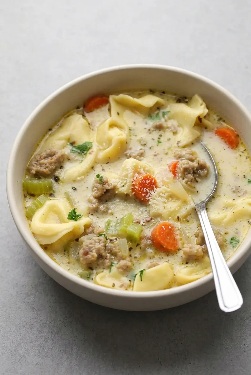 Creamy sausage tortellini soup with carrots, celery, Parmesan, and parsley in an off-white bowl.