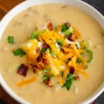 Creamy loaded baked potato soup with potato chunks, cheddar, bacon, sour cream, and green onions in an off-white bowl.