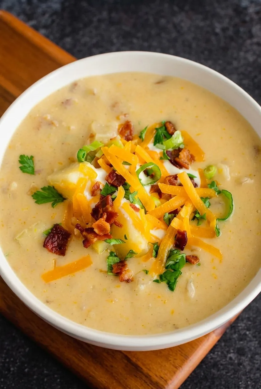 Creamy loaded baked potato soup with potato chunks, cheddar, bacon, sour cream, and green onions in an off-white bowl.