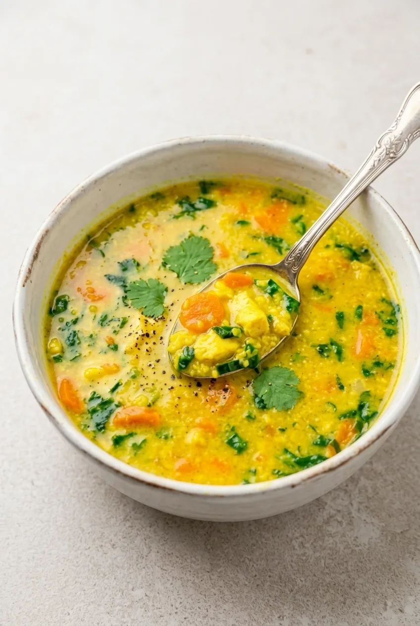 Golden turmeric chicken soup with shredded chicken, carrots, peas, spinach, cilantro, and a spoon in a neutral bowl.