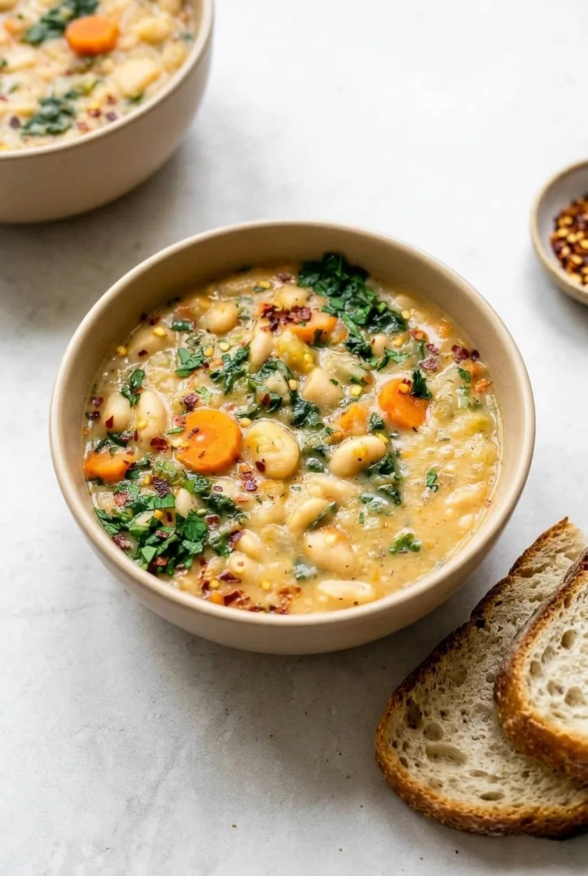 Tuscan white bean soup with cannellini beans, carrots, kale, parsley, and red pepper flakes in a rustic ceramic bowl.