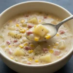 Creamy corn chowder with potato chunks, corn, diced ham, black pepper, and a spoon in an ivory bowl.