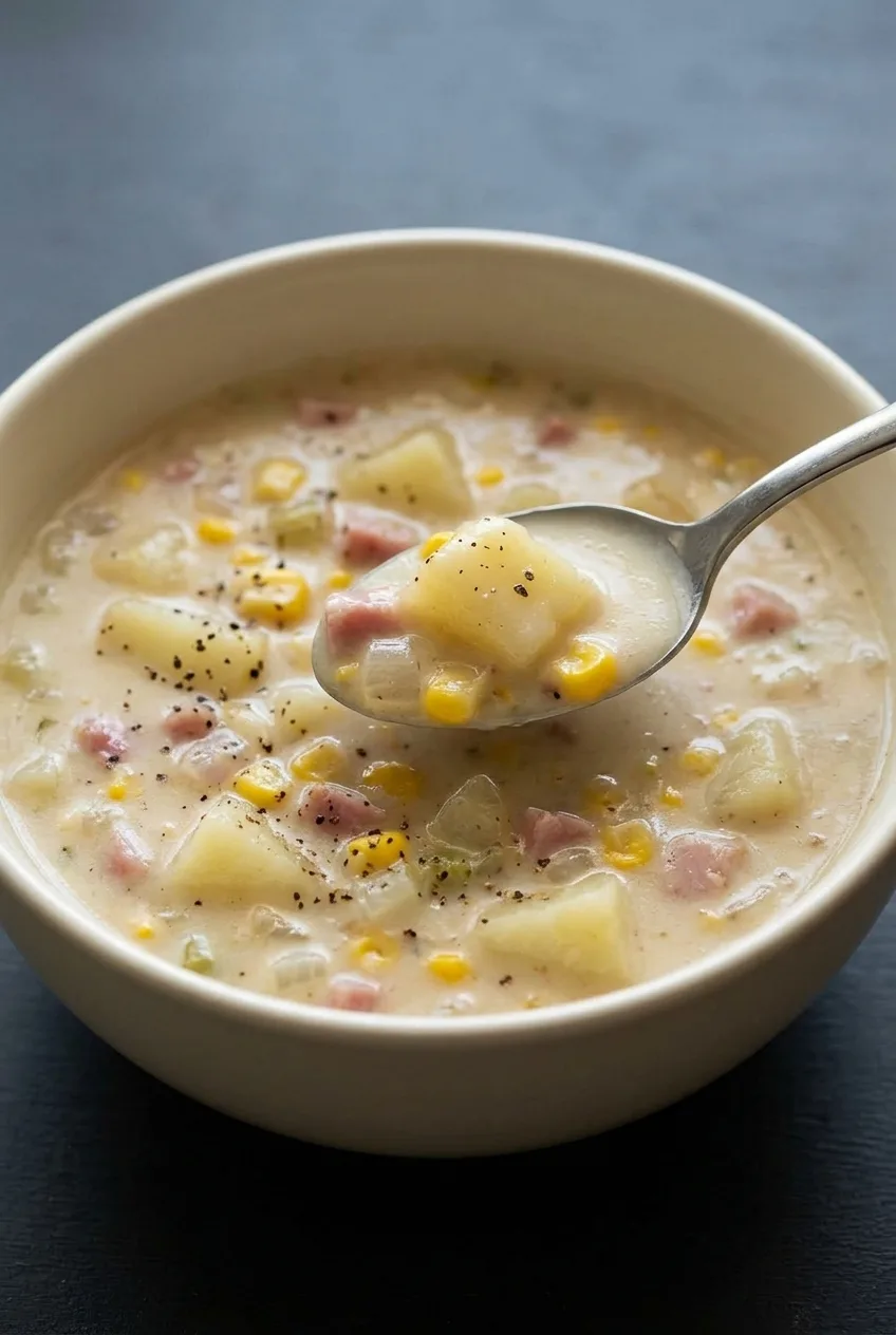 Creamy corn chowder with potato chunks, corn, diced ham, black pepper, and a spoon in an ivory bowl.