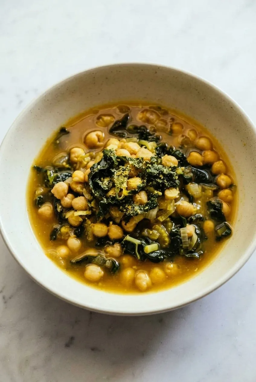 Vegan garlic chickpea soup with kale and nutritional yeast in a pale ceramic bowl
