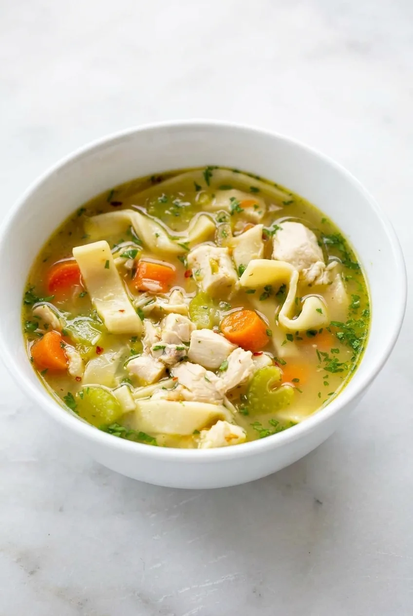Deep white bowl of brothy chicken noodle soup with wide egg noodles, chicken, carrots, celery, and parsley.