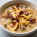 Creamy bacon cheeseburger soup with beef, potatoes, carrots, cheddar, and bacon in an off-white bowl.