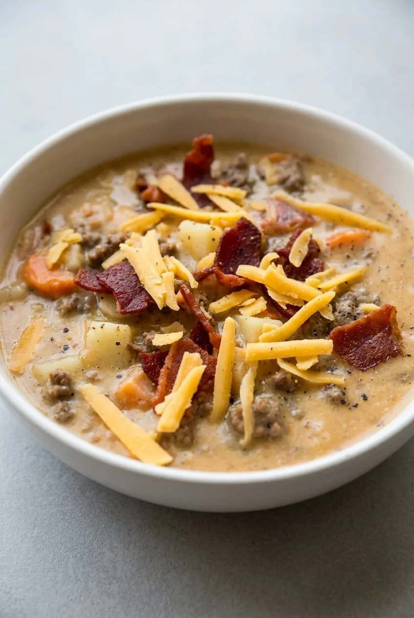 Creamy bacon cheeseburger soup with beef, potatoes, carrots, cheddar, and bacon in an off-white bowl.