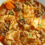 Cabbage roll soup with beef, rice, carrots, and tender cabbage in tomato broth in an off-white bowl.