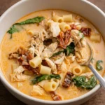 Marry Me Chicken Soup with shredded chicken, ditalini, spinach, and sun-dried tomatoes in creamy orange broth.