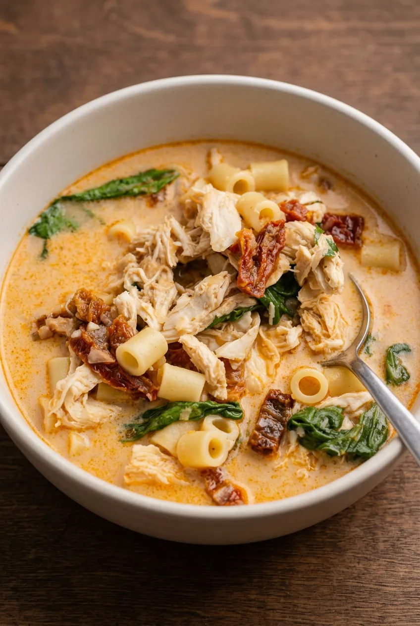 Marry Me Chicken Soup with shredded chicken, ditalini, spinach, and sun-dried tomatoes in creamy orange broth.
