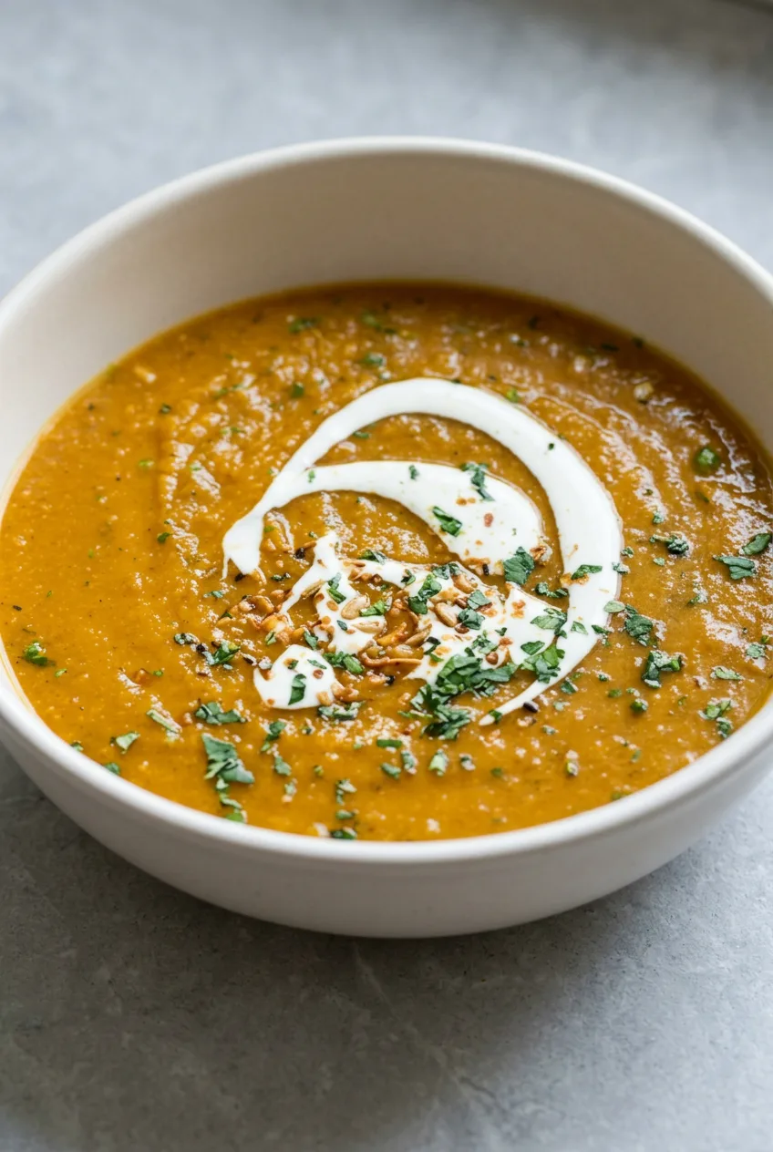 Roasted butternut squash soup in an off-white bowl with cream swirl, toasted pepitas, and parsley.
