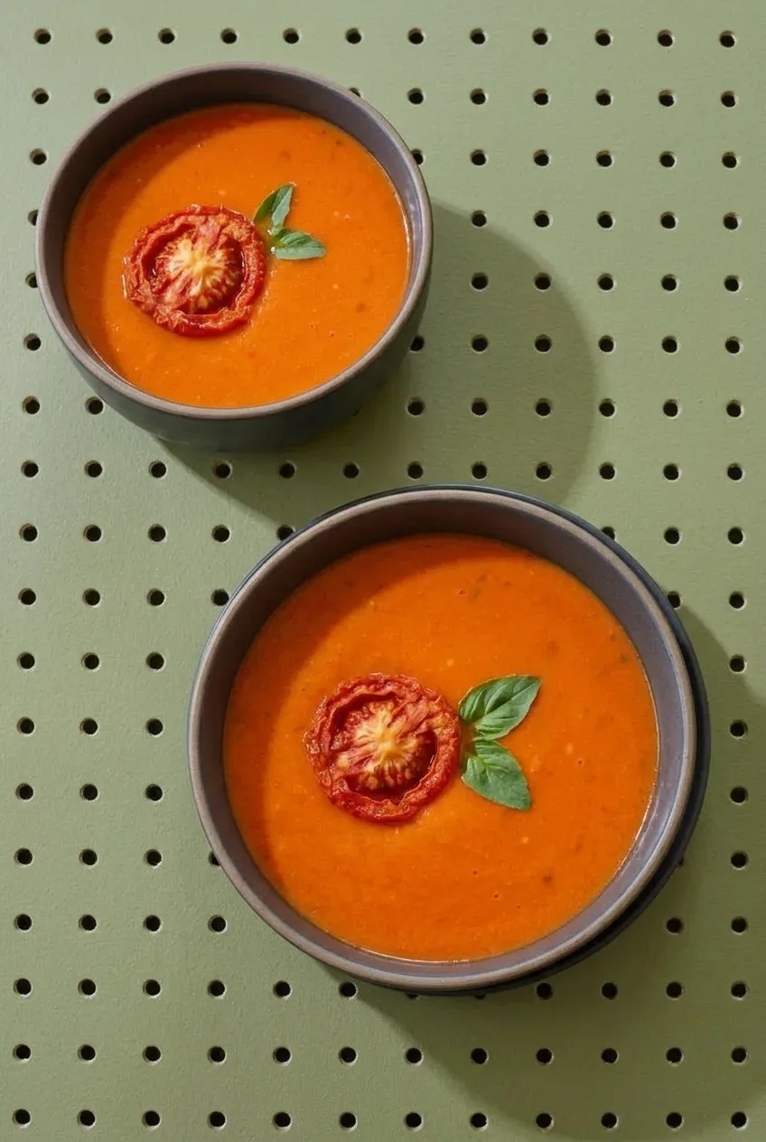 Creamy roasted garlic tomato soup in dark-rimmed bowls topped with roasted tomato rounds and fresh basil