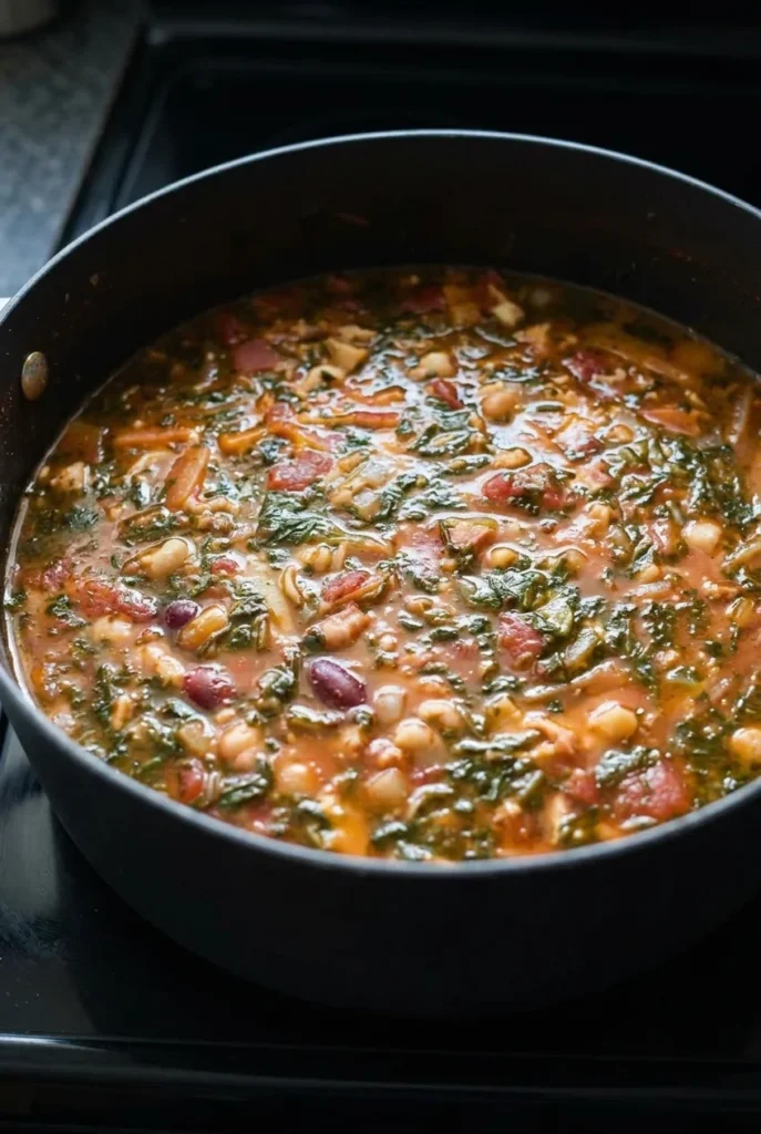 Brothy tomato pasta fagioli with beans, ditalini, diced tomatoes, and spinach in a black Dutch oven.