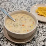Creamy chunky Shepherd’s Pie Soup with beef, potatoes, peas, carrots, and corn, served with cornbread.