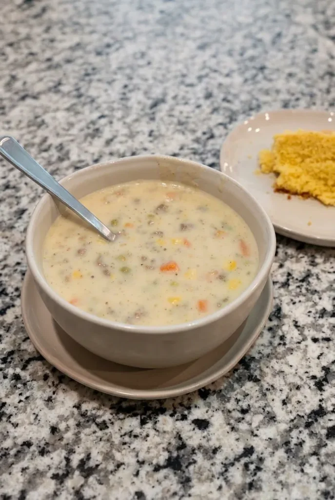 Creamy chunky Shepherd’s Pie Soup with beef, potatoes, peas, carrots, and corn, served with cornbread.