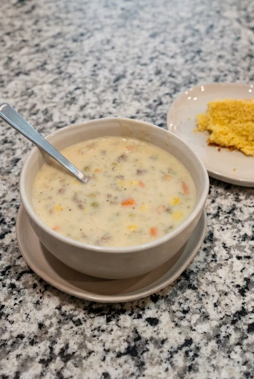 Creamy chunky Shepherd’s Pie Soup with beef, potatoes, peas, carrots, and corn, served with cornbread.