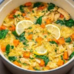 Lemon chicken orzo soup with shredded chicken, carrots, spinach, parsley, and lemon rounds in a light Dutch oven.