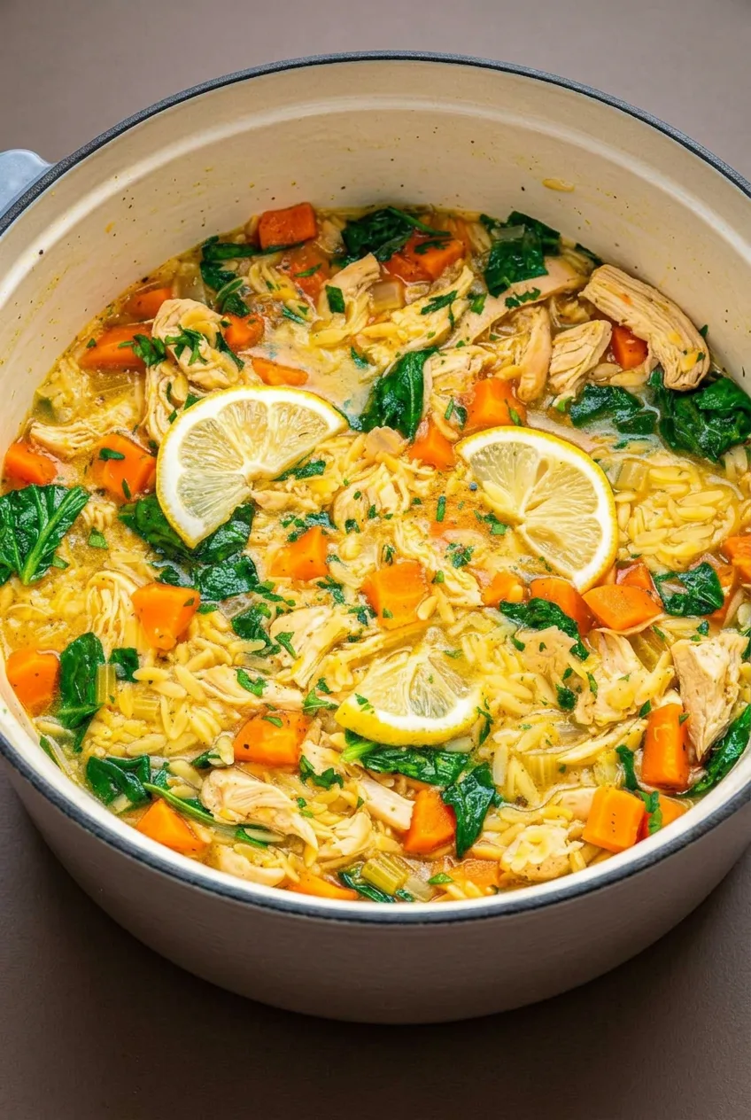 Lemon chicken orzo soup with shredded chicken, carrots, spinach, parsley, and lemon rounds in a light Dutch oven.