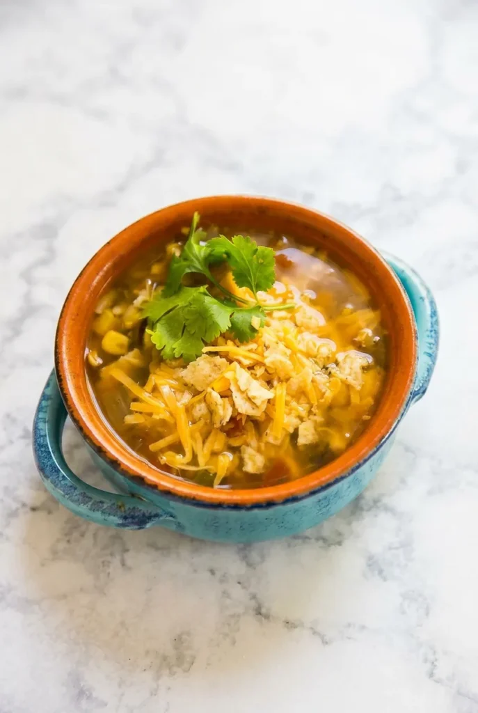 Brothy chicken taco soup with corn, cheddar, crushed tortilla chips, and cilantro in a rustic handled soup mug.