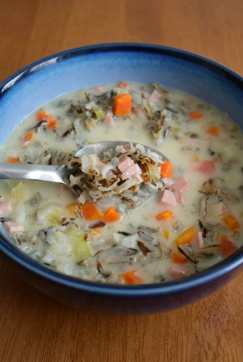 Creamy ham wild rice soup with carrots and celery in a deep blue bowl, with a spoon lifting a chunky bite.
