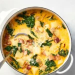 Creamy Zuppa Toscana in a white Dutch oven with potatoes, sausage, kale, bacon, and golden broth