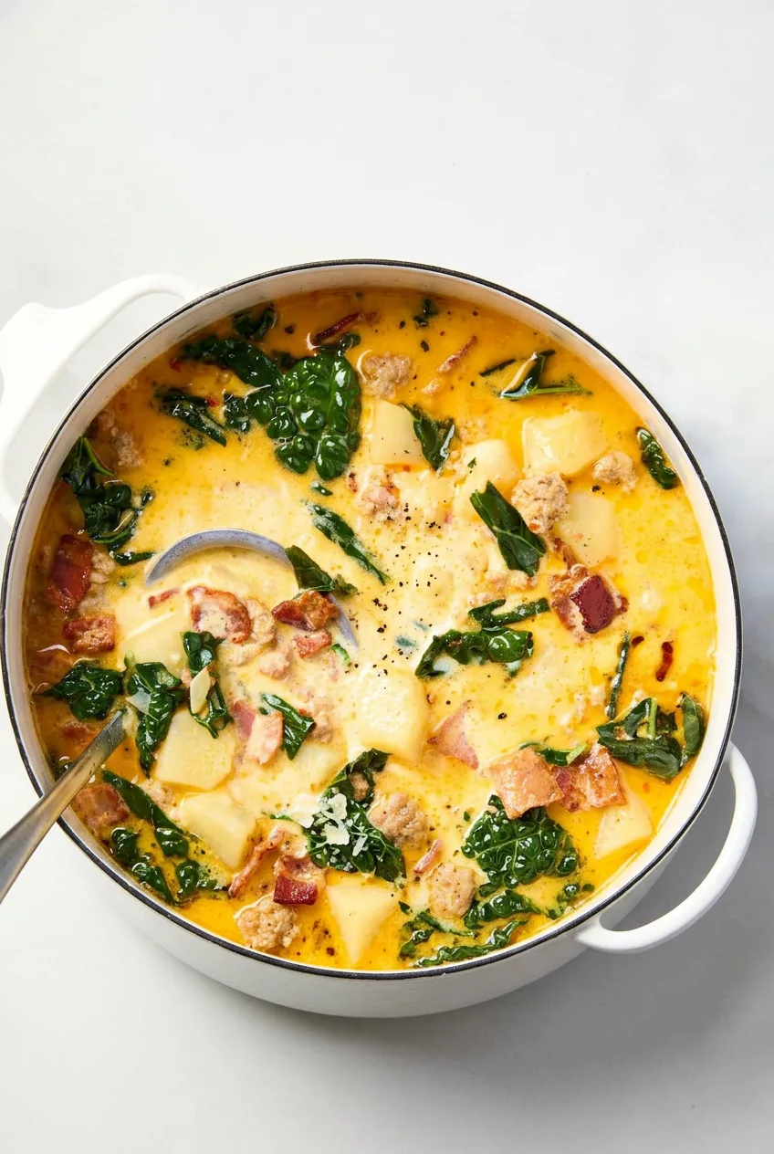 Creamy Zuppa Toscana in a white Dutch oven with potatoes, sausage, kale, bacon, and golden broth