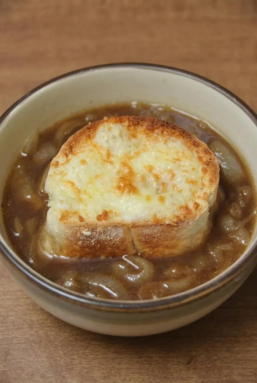 French onion soup in a beige ceramic bowl with onion broth and a centered Gruyère-topped toast.