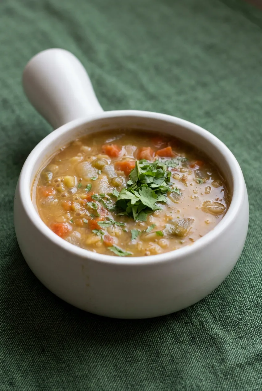 Moroccan lentil soup with visible vegetables and cilantro in a white handled bowl on dark green cloth