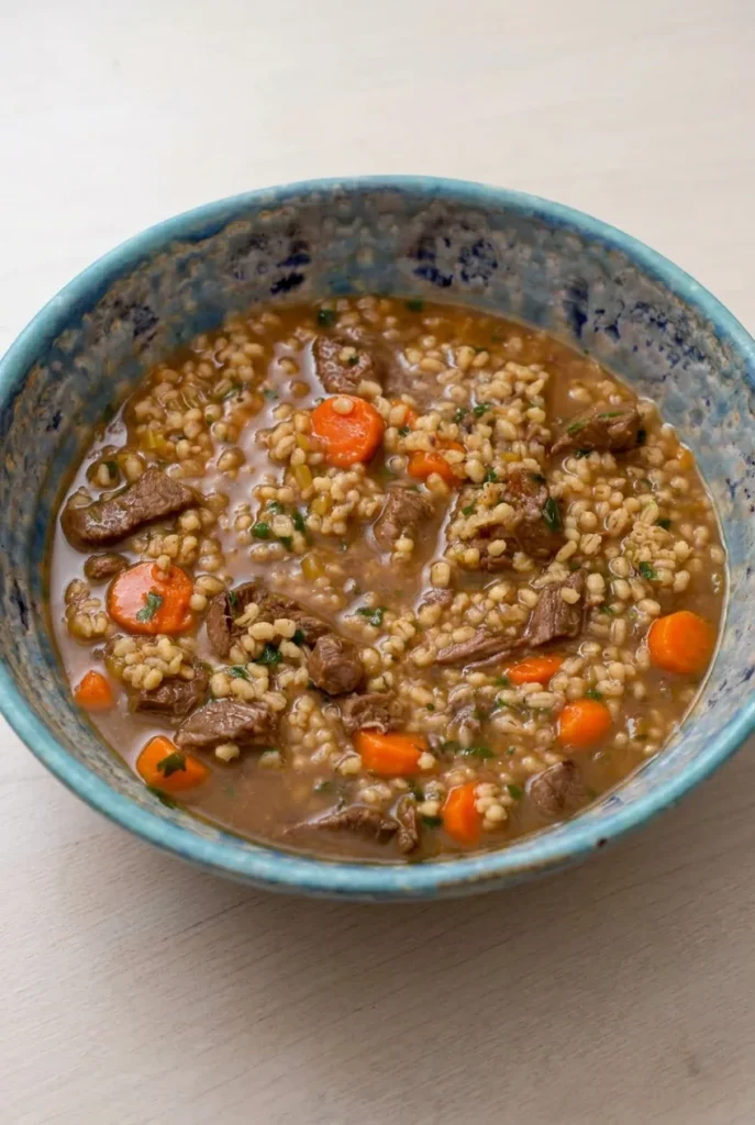 Hearty beef barley soup with beef chunks, pearl barley, carrots, celery, and parsley in a rustic blue-gray bowl.