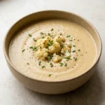 Creamy roasted cauliflower soup with centered roasted florets, chives, and black pepper in a beige bowl.