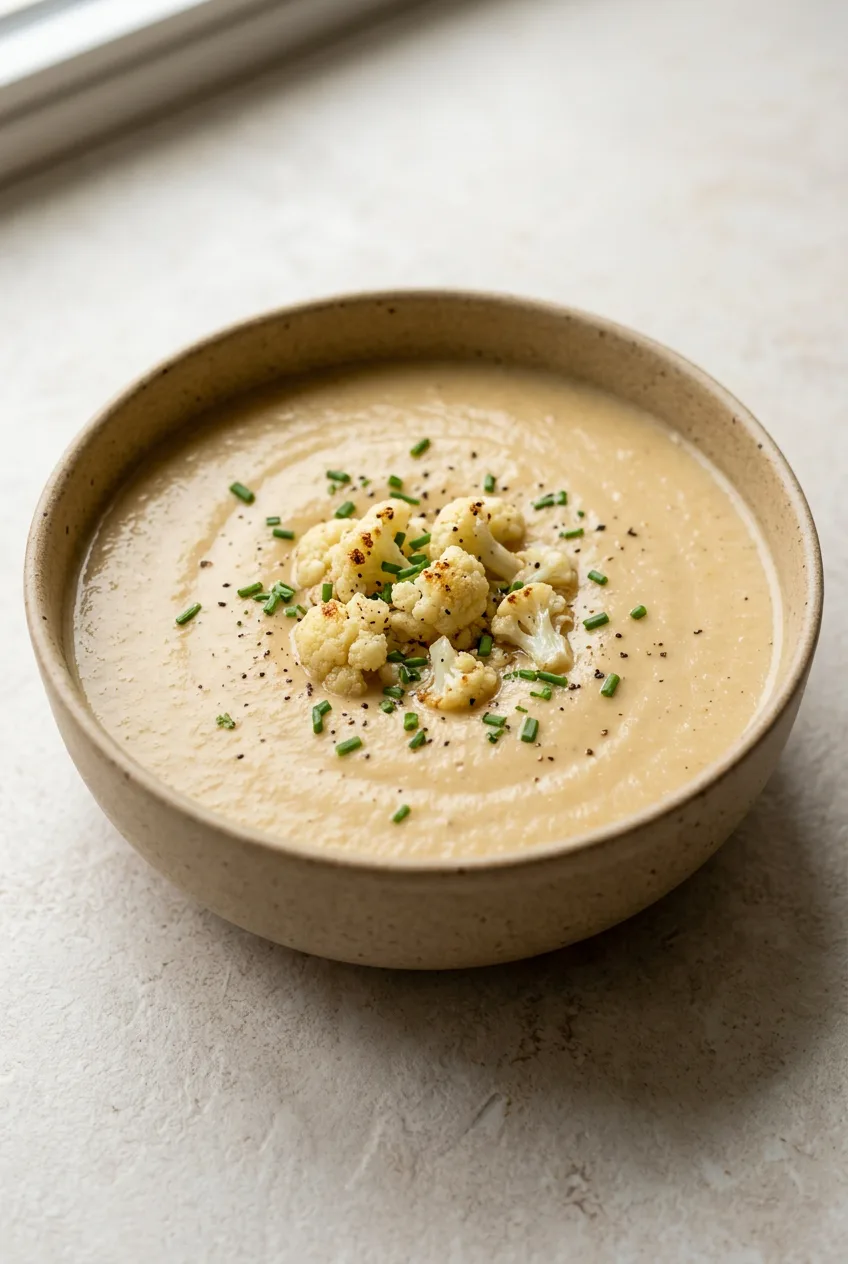 Creamy roasted cauliflower soup with centered roasted florets, chives, and black pepper in a beige bowl.