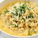 Creamy Parmesan pasta soup with chicken and ditalini in a pale golden broth, topped with Parmesan and parsley.
