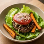 Sweet potato burger bowl with cheesy beef patty, sesame tomato, lettuce, and roasted sweet potato wedges.
