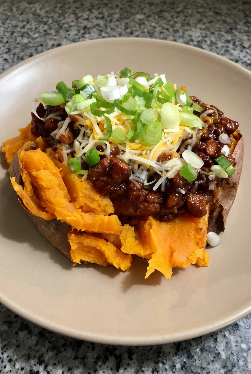 BBQ chicken sweet potato bowl with saucy chicken, melted cheese, and green onions on a cream plate