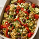 Mediterranean chicken zucchini bake with red peppers, olives, feta, and parsley in a baking dish