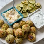 Chicken-zucchini meatballs with roasted zucchini, chunky lemon-feta and dill-yogurt dip on an oval platter
