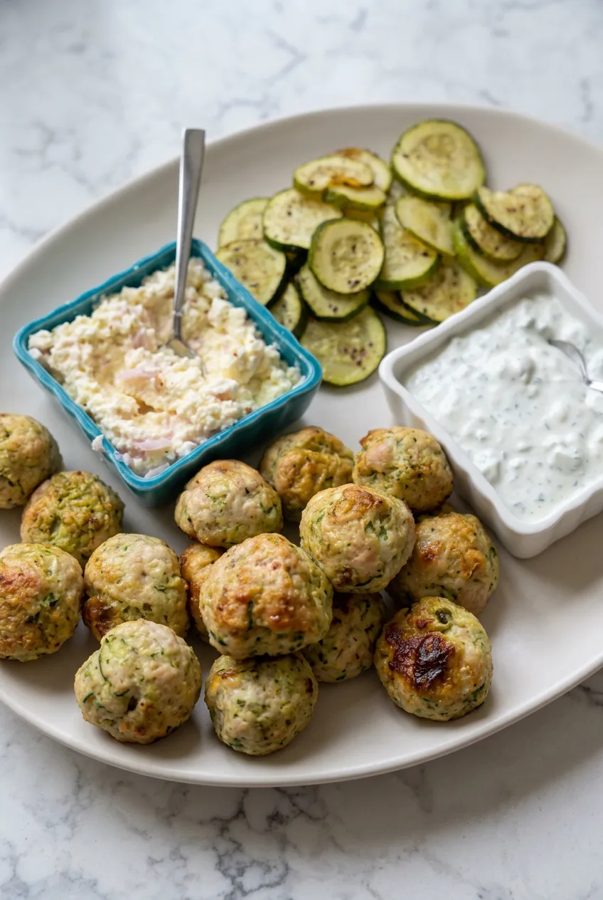 Chicken-zucchini meatballs with roasted zucchini, chunky lemon-feta and dill-yogurt dip on an oval platter