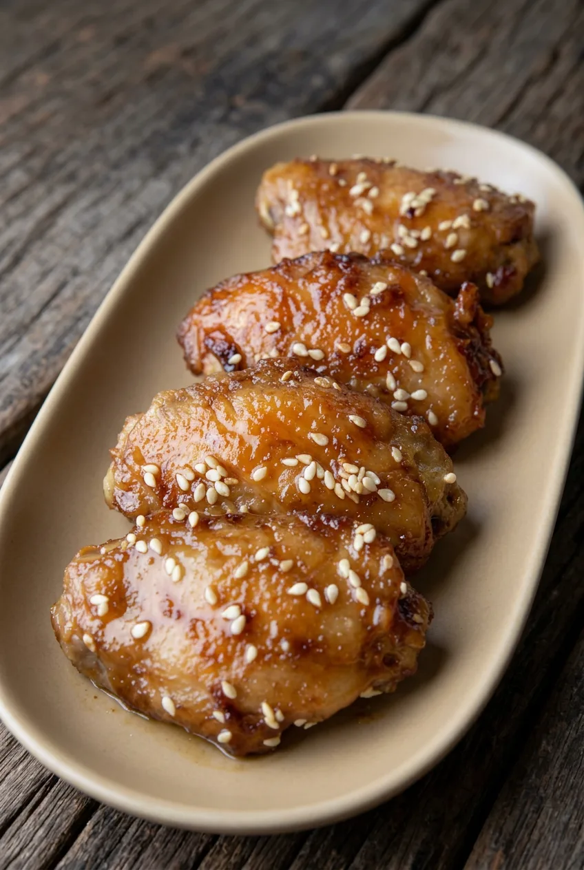 Whole sesame chicken thighs with glossy honey-soy glaze and sesame seeds on a long ceramic platter