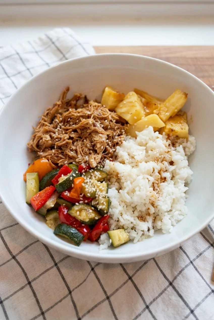 Hawaiian chicken rice bowl with shredded chicken, pineapple, white rice, cooked peppers, zucchini, and sesame seeds
