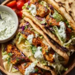 Overlapping sheet pan chicken pitas with browned chicken, shredded vegetables, and herb yogurt sauce