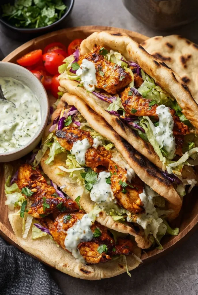 Overlapping sheet pan chicken pitas with browned chicken, shredded vegetables, and herb yogurt sauce