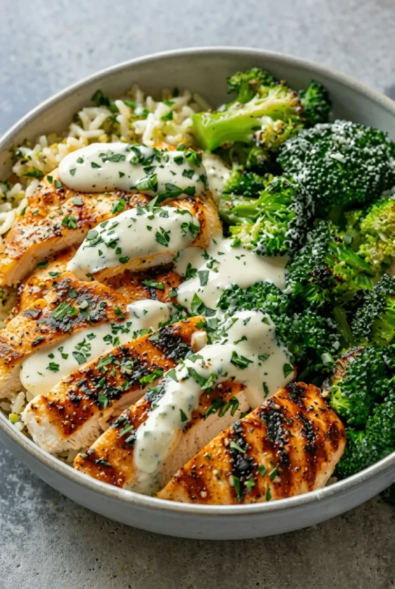 Grilled Chicken and Broccoli Bowls with Creamy Garlic Sauce
