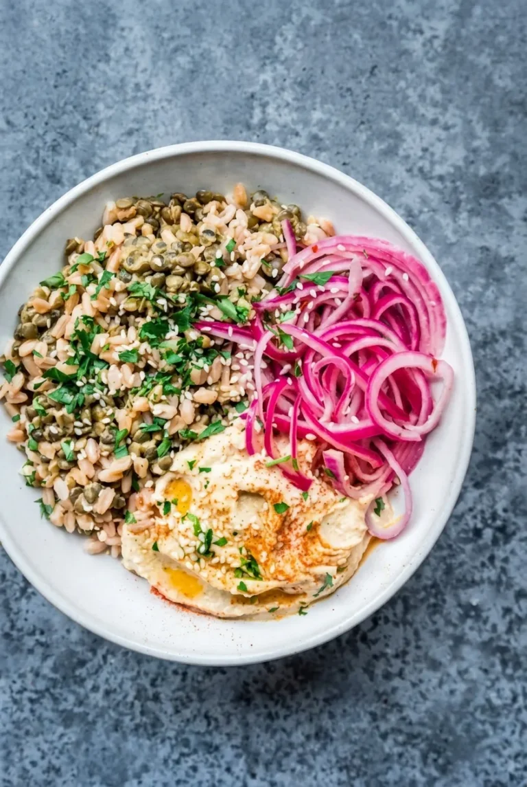 Mediterranean Lentils and Rice with Pickled Onions
