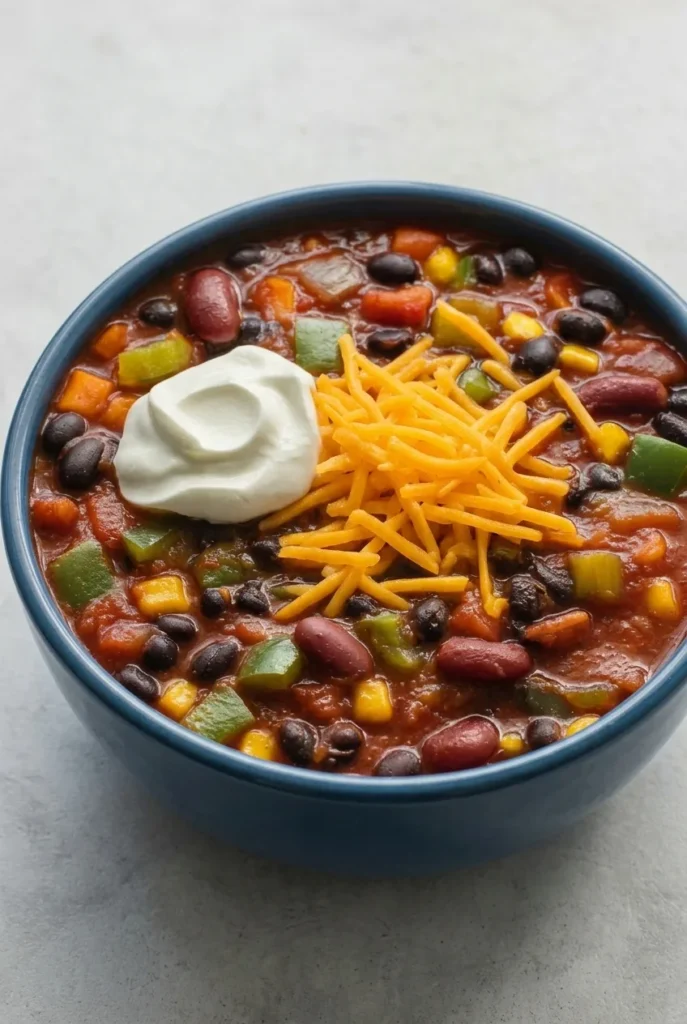Blue bowl of vegetarian chili with beans, corn, peppers, shredded cheddar, and sour cream