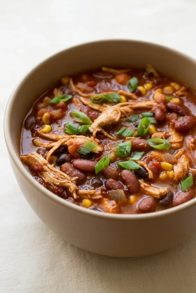 Deep bowl of red chipotle chicken chili with shredded chicken, mixed beans, corn, and green onion