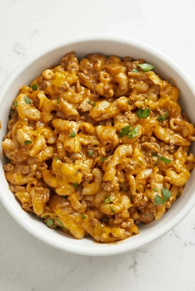 White bowl of chili mac with saucy elbow macaroni, beef crumbles, and a light parsley garnish