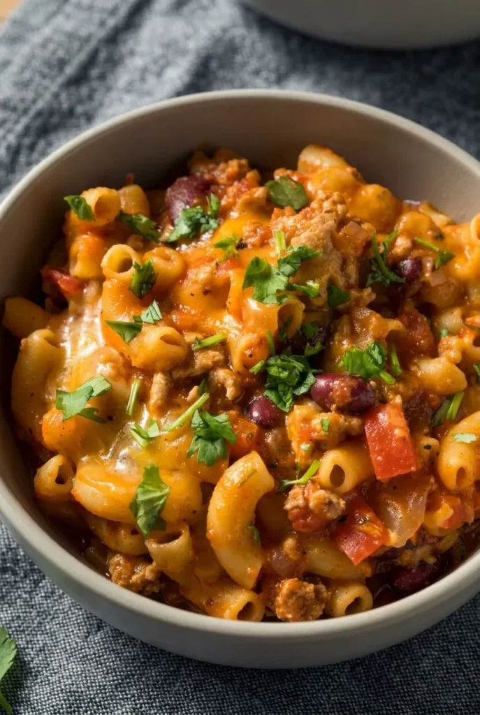 Bowl of slow cooker chili mac with elbow macaroni, beef, kidney beans, melted cheddar and cilantro