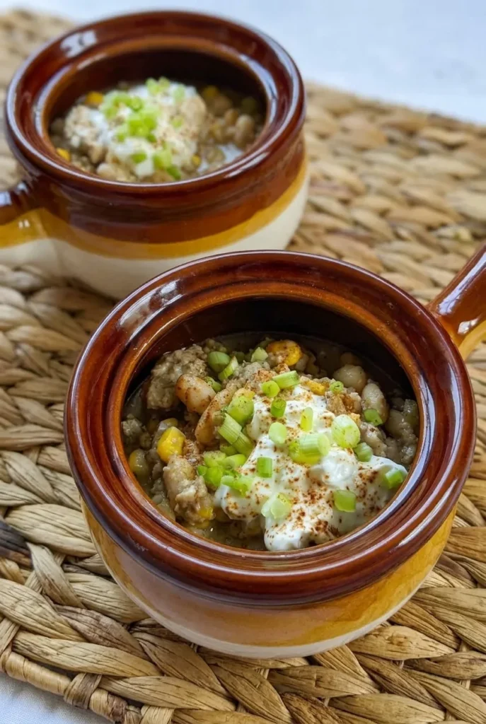 White bean turkey chili with corn, sour cream, and green onions in two amber ceramic crocks