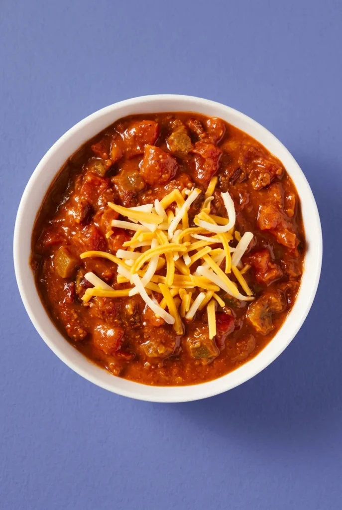 White bowl of chunky 5-ingredient beef chili topped with shredded cheese on a blue tabletop