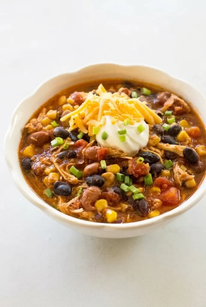 Bowl of chicken taco chili with beans, corn, cheddar, sour cream, and green onion
